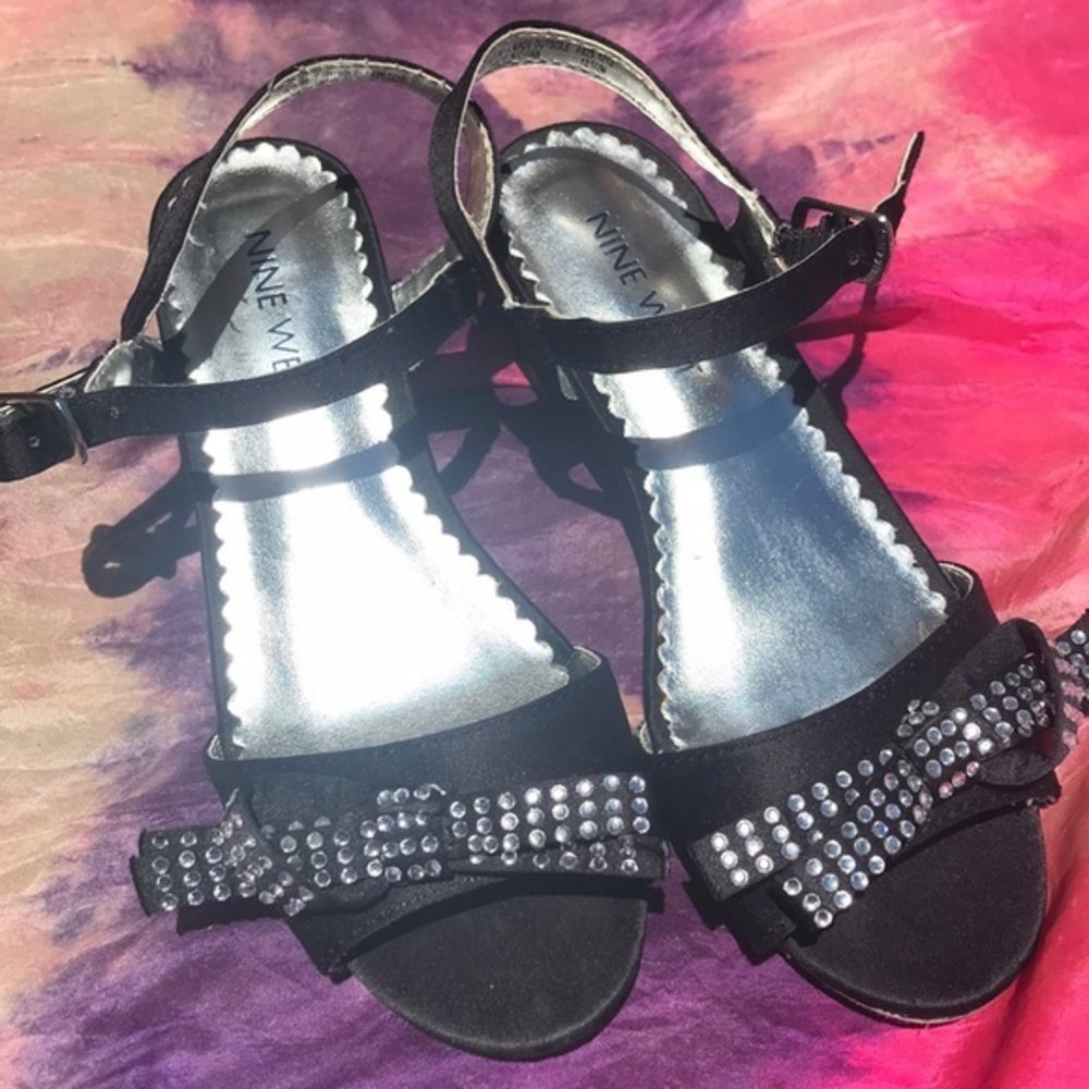Nine West Girls 12.5 Black Rhinestone Bow Dress Heels Sandals
